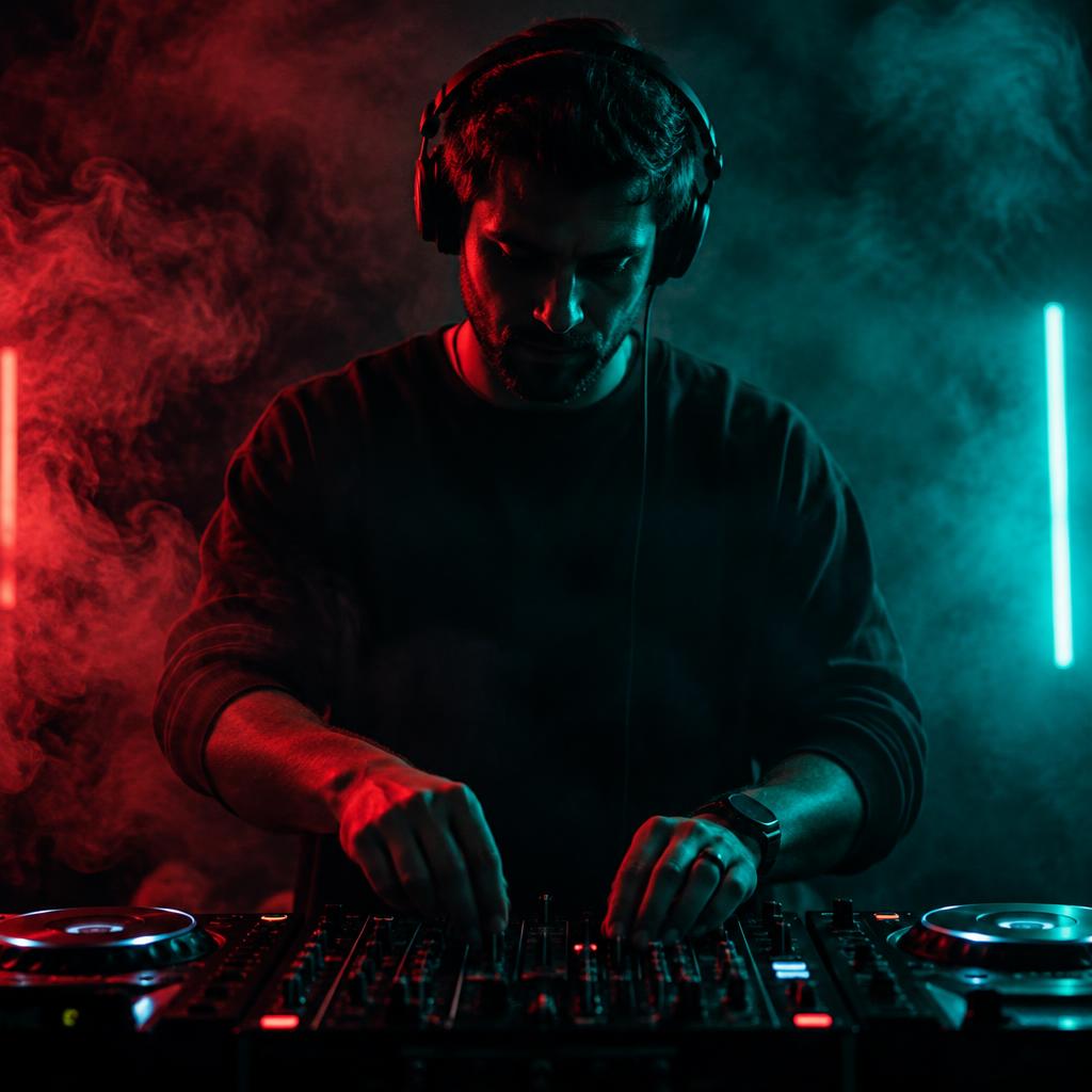 DJ Colum H mixing in the studio under red and cyan light